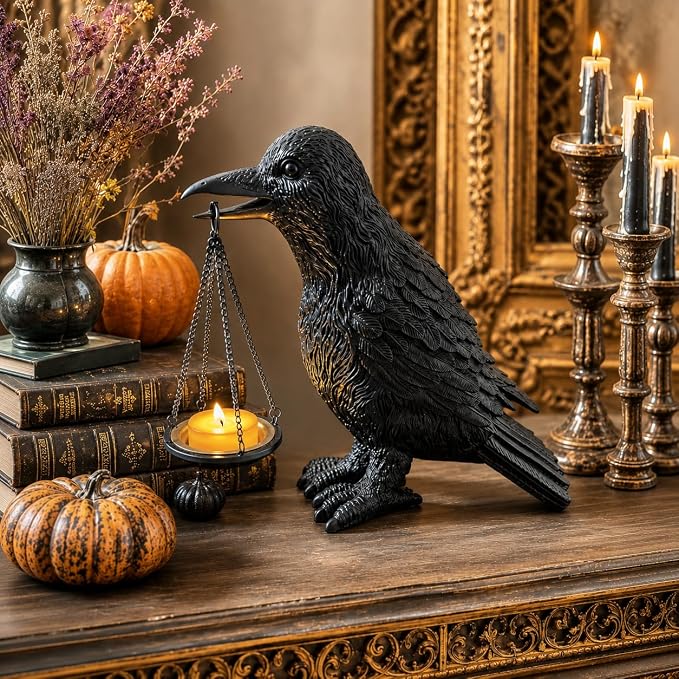 Spooky,Gothic,Vintage Raven Candle Holder, Black Crow Decor for Halloween - skull candle