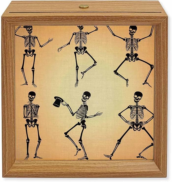 Halloween Wood Night Light Box Funny Dancing Skeleton Wooden LED Night Lights with USB Rechargeable Dimmable Touch Square Table Light Black Skull Linen Wood Picture Frame Lamp for Bedside Desktop