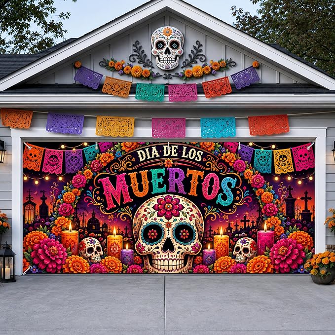 IVN Dia de Los Muertos Garage Door Cover 16x7ft Sugar Skull Flower Banner - skull carpet