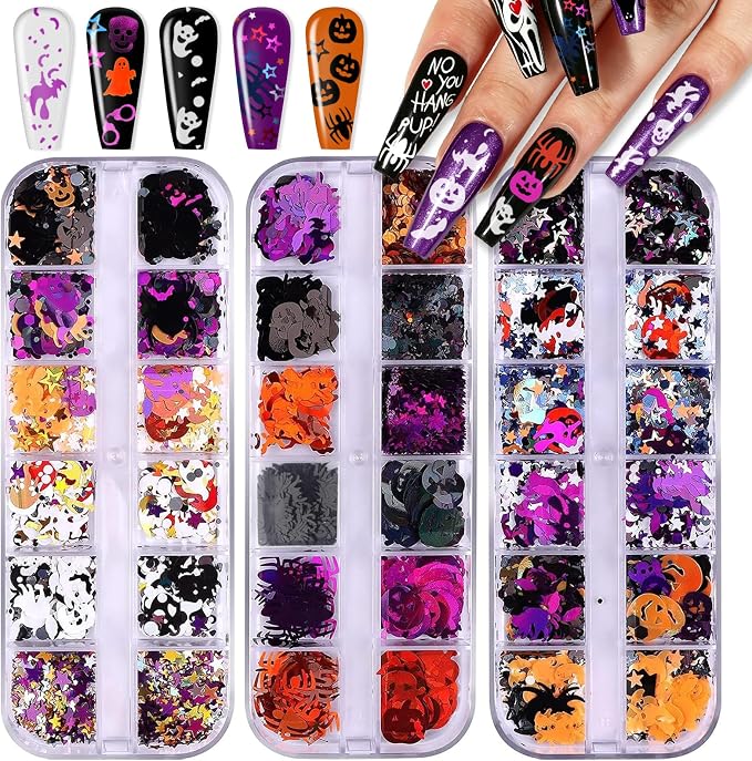 EBANKU Halloween Nail Art Sequins 3 Boxes 3D Holographic Pumpkin