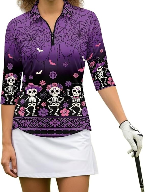 Boatee Golf Shirts for Women 3/4 Sleeve Cloth Quarter Zip Suitable for Outdoor Sports for Winter Outdoor Sports - skull tshirt