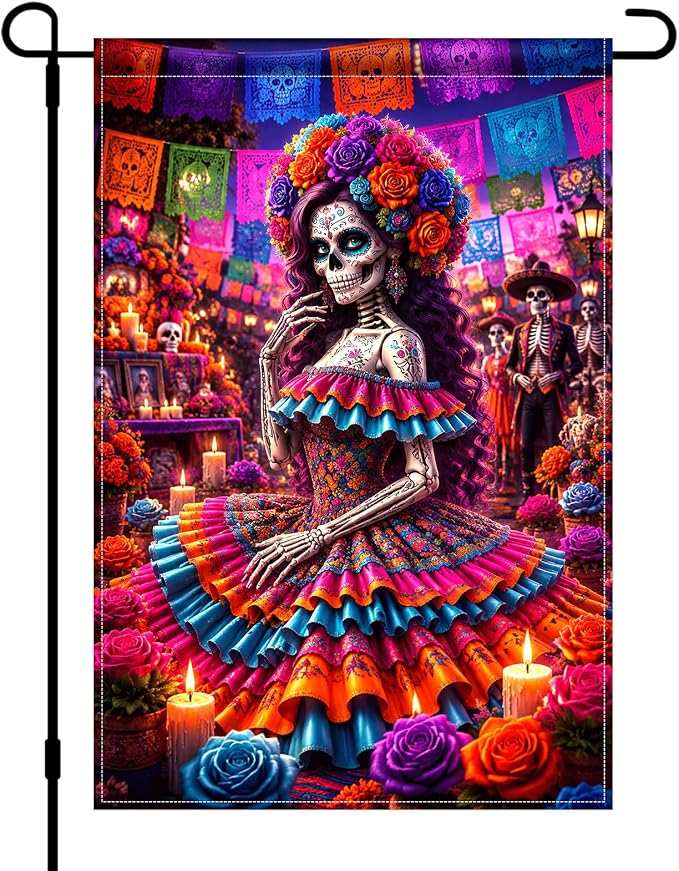 HOMETITUTE Day of the Dead Garden Flag 12x18 Inch Floral Skeleton Decor - skull wreath