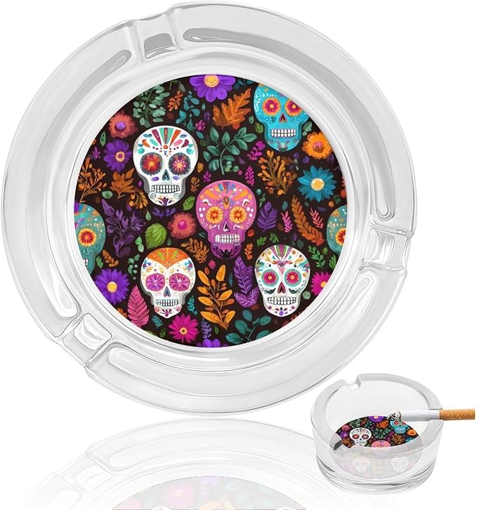 Sugar Skulls Mexican Floral Glass Ashtray for Cigarettes Home Office - skull ashtray