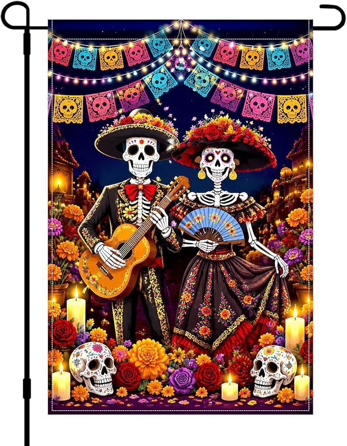 HOMETITUTE Day of the Dead Garden Flag 12x18 Inch Mariachi Skeleton Decor - skull candle