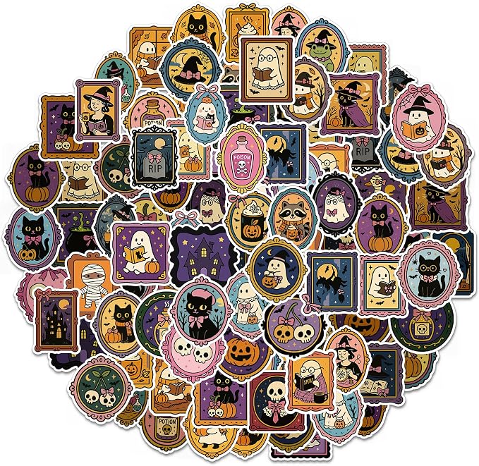 100 Pcs Halloween Stickers – Cute Decals for Water Bottles, Laptops, Trick-or-Treat Bags, Pumpkin Decor, Party Favors-Scrapbooking, Junk Journal, Gift Wrapping, DIY Crafts and Stationery Supplies - skull sticker
