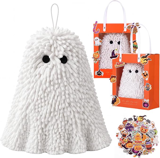 Flutesan 2 Halloween Ghost Hand Towels Chenille Soft, Gift Bags Stickers - skull toilet paper
