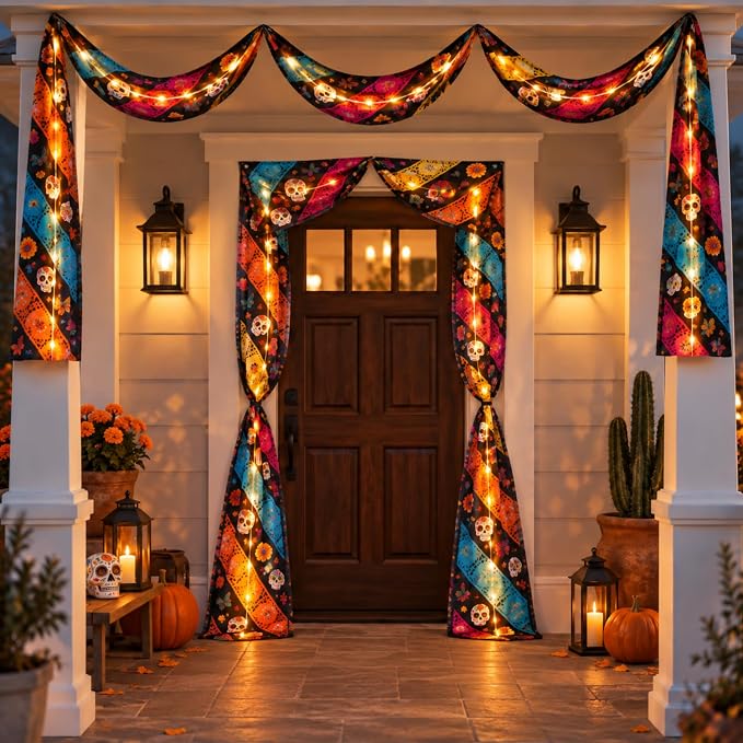 Chumia 2 Pack 20ft LED Lighted Day of The Dead Decor Flag Bunting Banner - string light