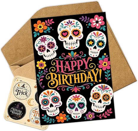 Birthday Card, Colorful Sugar Skulls and Floral Design - skull sticker