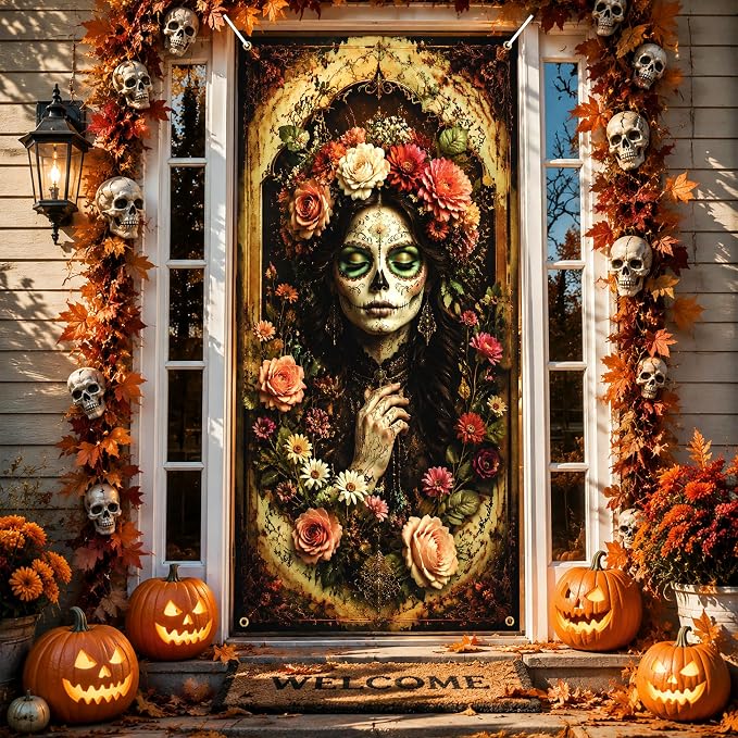 Vintage Day of the Dead Halloween Door Banner, 35″x71″ Floral Sugar Skull Lady Rose Wreath Door Cover, Antique Gothic Día de los Muertos Decor Tapestry for Front Door, Indoor Outdoor Porch, Mexican Fiesta Party Photo Backdrop