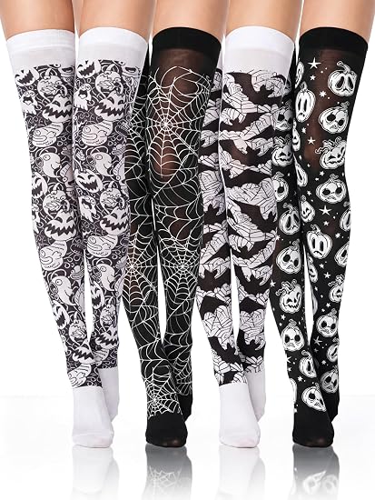 Boao 4 Pcs Thigh High Stockings for Women - sugar skull costume