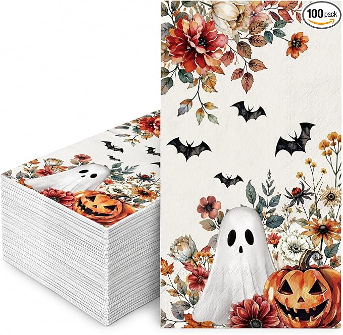JarThenaAMCS 100 Pcs Halloween Guest Napkin, Ghost Pumpkin Wildflower - skull toilet paper