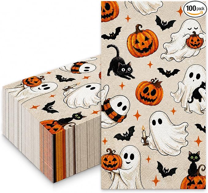 JarThenaAMCS 100 Pcs Halloween Guest Napkin, Ghost Evil Pumpkin Black Cat - skull toilet paper