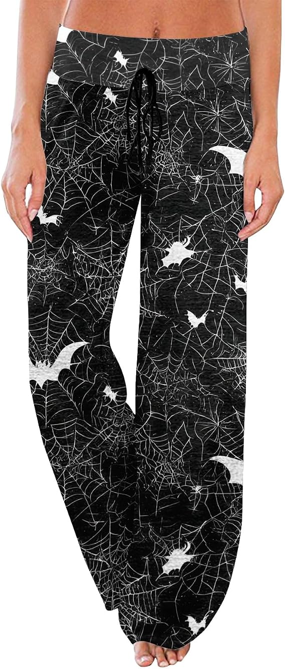 Womens Halloween Pajama Pants Funny Skull Bat Long Bottoms Elastic Waist Drawstring Wide Leg Sleep Pants Halloween - skull pajamas