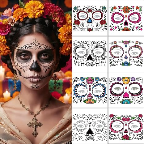 Day of the Dead Face Tattoos 8 Sheets Dia De Los Muertos Sugar Skull Face Stickers Halloween Mexican Costume Makeup Decals for Women Men Party Cosplay - sugar skull makeup