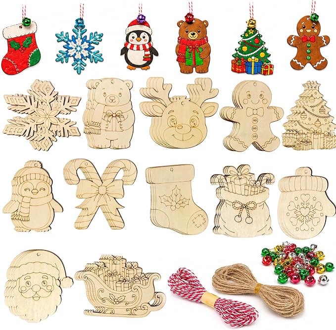 48Pcs Christmas Wooden Ornaments to Paint,12 Styles DIY Craft Kit - skull painting