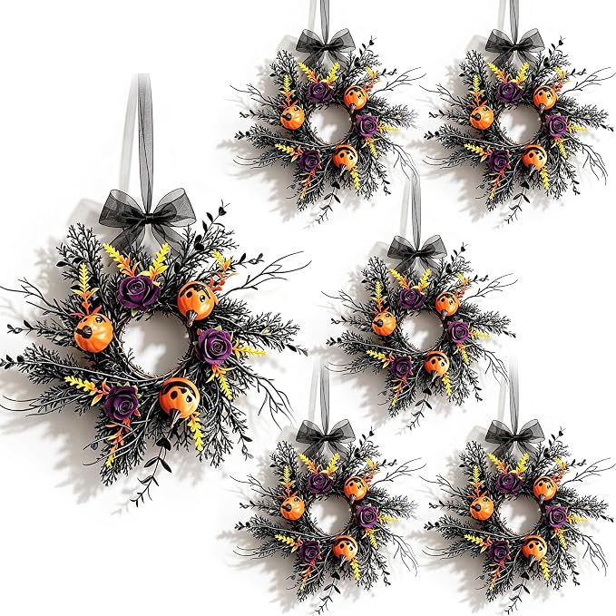 6 Pcs Small Halloween Hanging Wreaths with Orange Mini Pumpkins Purple Roses Black Foliage Yellow Fall Leaves Black Sheer Bow Gothic Mini Cabinet Wreath for Home Kitchen Halloween Party Decor - skull wreath