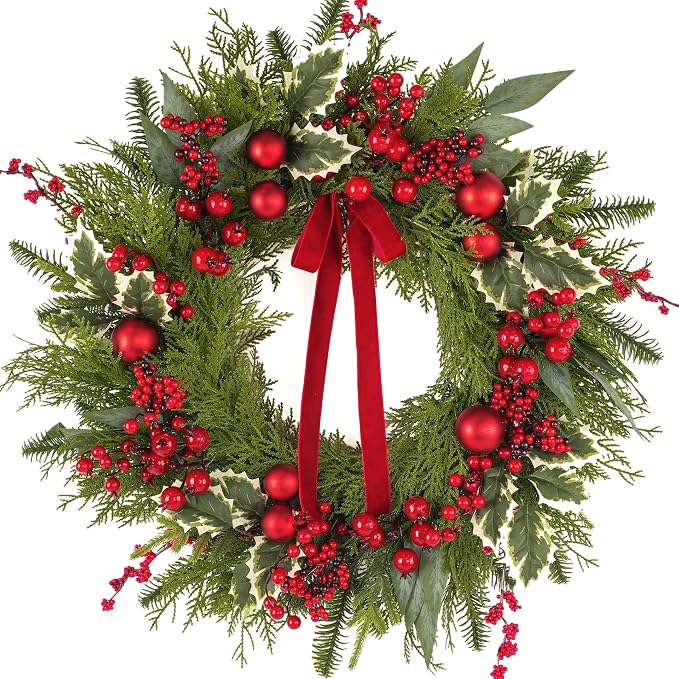 24 Inch Christmas Wreaths for Front Door with Artificial Eucalyptus, Red Bow Berries Balls for Outdoor Wall Holiday Xmas Decoration - skull wreath
