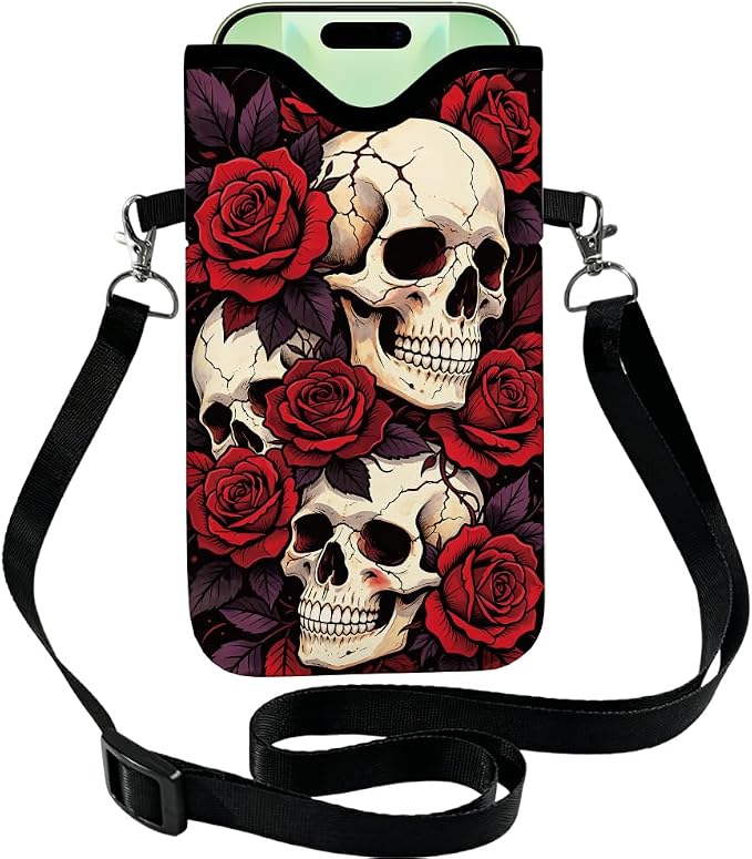 Skull Neoprene Phone Sleeve Pouch with Adjustable Strap Lanyard - Skull phone case