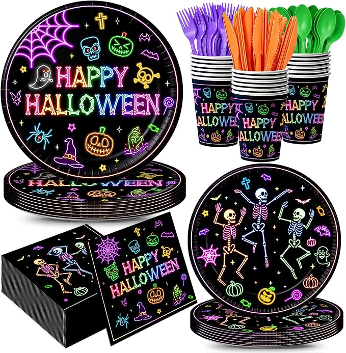 168pcs Halloween Plates Napkins Party Supplies Neon Black Party Decorations - skull plate