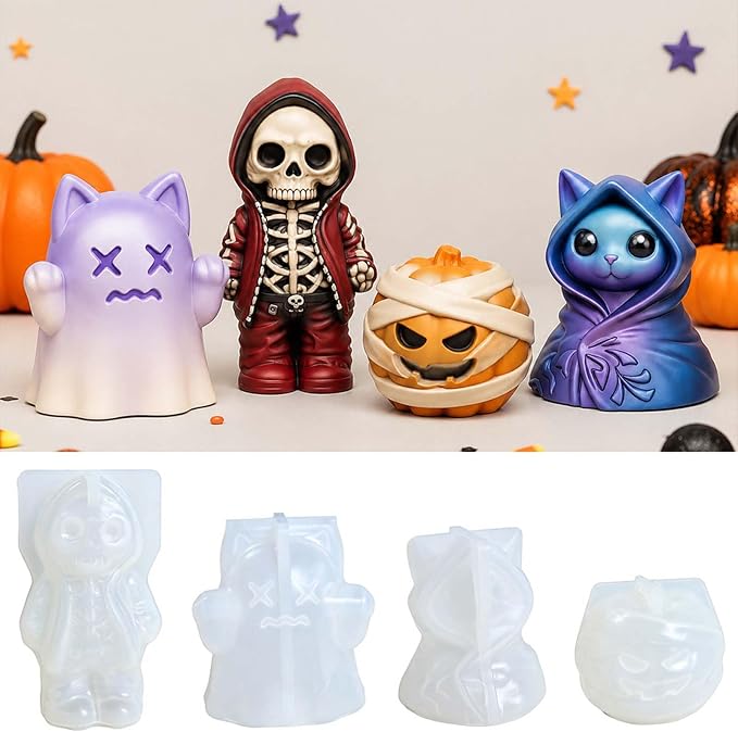 4-Pack Halloween Silicone Molds, 3D Ghost Pumpkin Skeleton Resin Molds - skull ashtray
