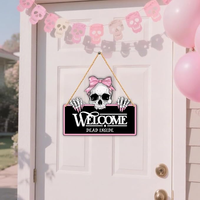 Wooden Halloween Pink Skull Wreath Door Sign Farmhouse Front Door Hanger Decor for Indoor Outdoor Porch Party - skull wreath