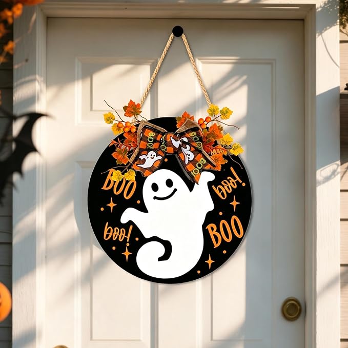 Wooden Halloween Ghost Boo Wreath Door Sign Farmhouse Front Door Hanger Decor for Indoor Outdoor Porch Party