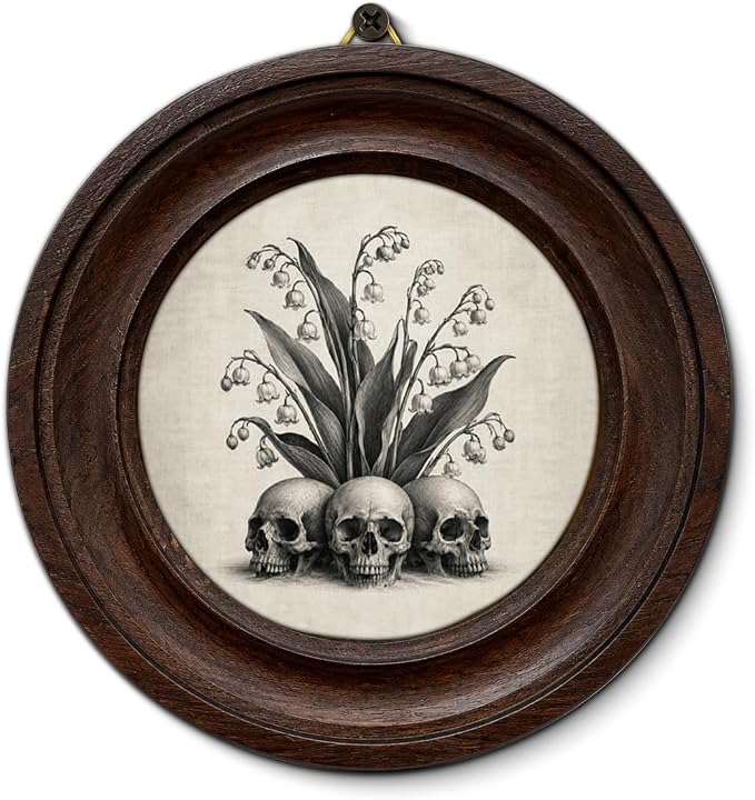 Framed Vintage Skull Flowers Round Wall Art, Gothic Botanical Wall Decor - skull wall art