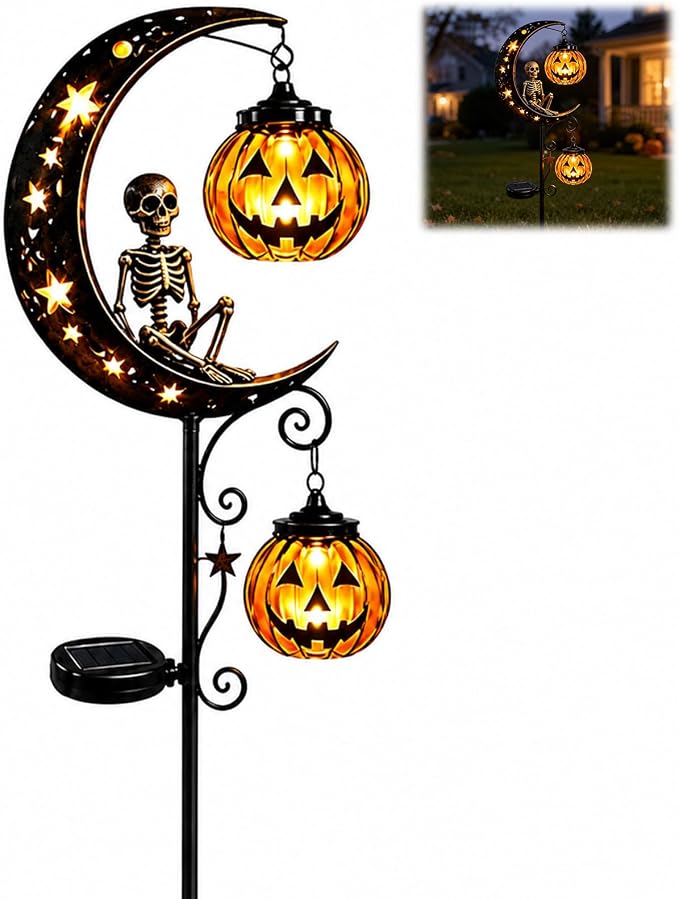 Solar Halloween Hanging Pumpkin Moon Garden Stake Light, Skull Version