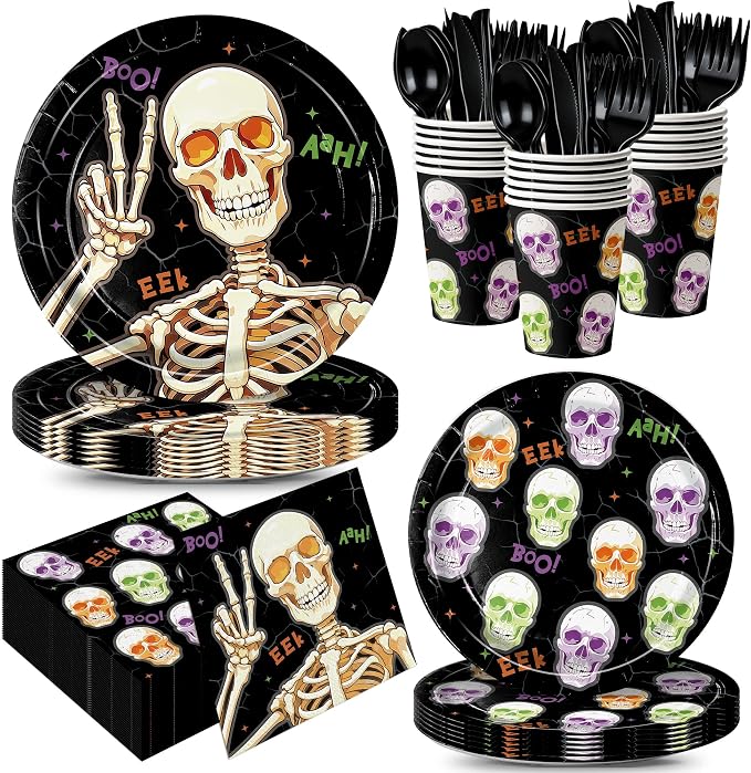 168pcs Halloween Plates Napkins Skeleton Plates Halloween Party Supplies - skull plate