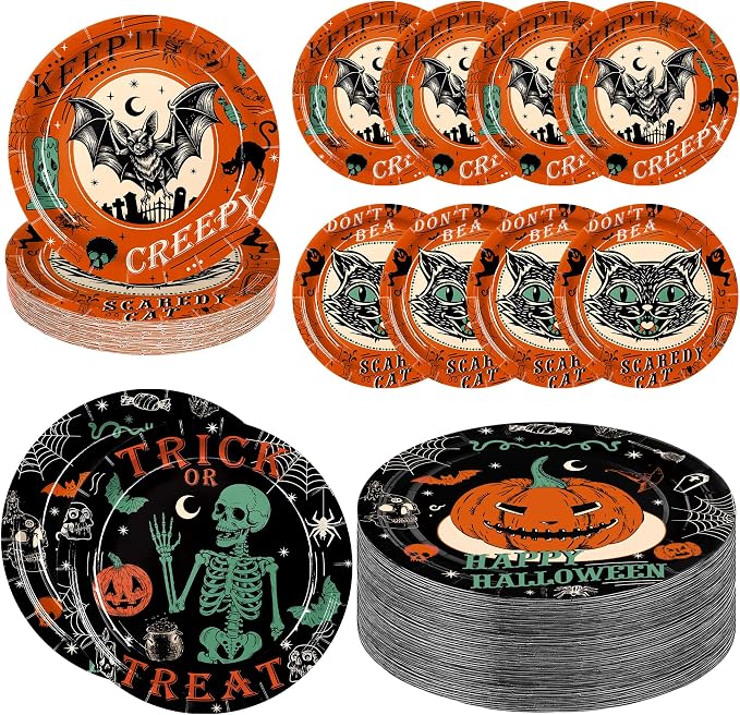 48Pcs Halloween Paper Plates Vintage Halloween Party Supplies Dinnerware - skull plate