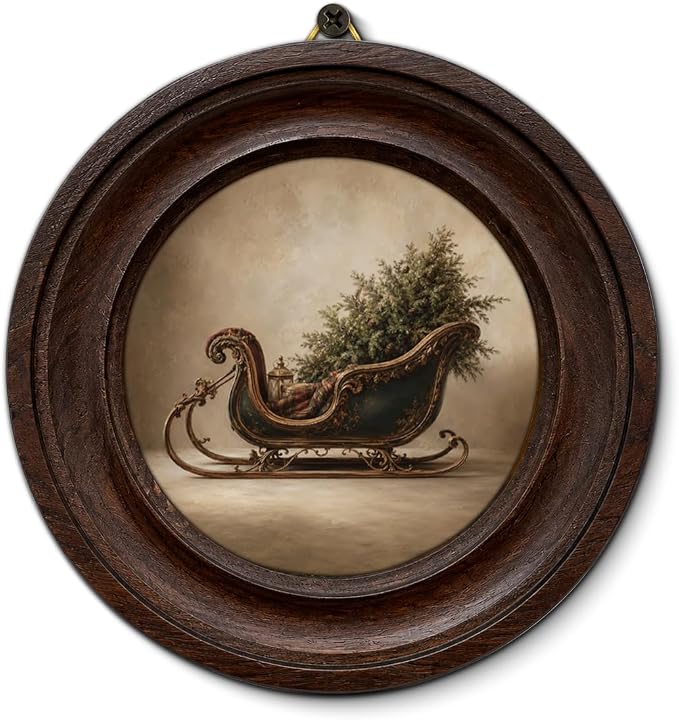 Framed Vintage Christmas Sleigh Round Wall Art, Rustic Christmas Wall Decor - skull wall art
