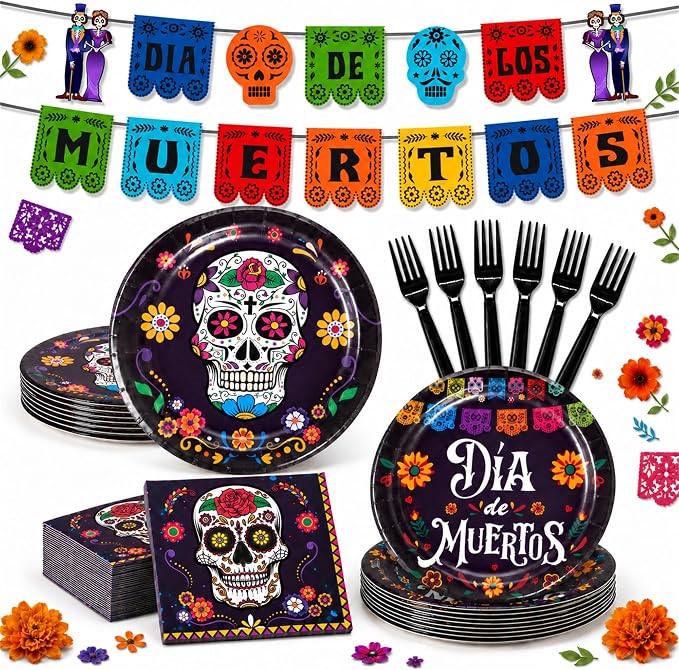 Day of the Dead Plates and Napkins Dia de los Muertos Skulls Party Supplies - skull candle