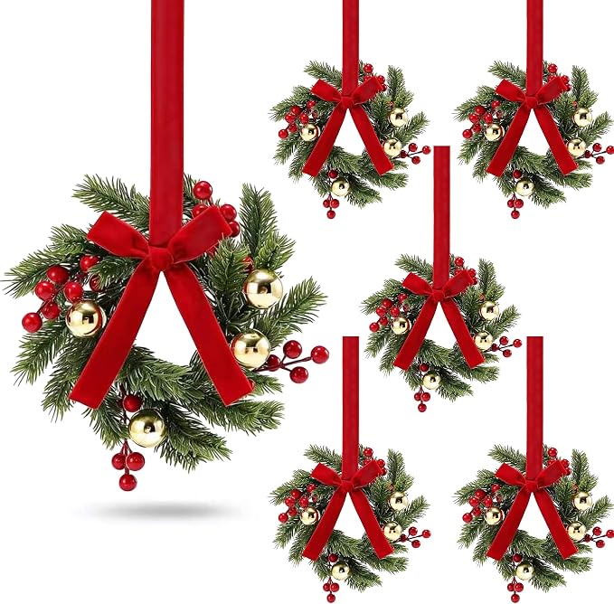 6PCS Mini Christmas Wreaths for Kitchen Cabinets with Red Ribbon & Berry - skull wreath