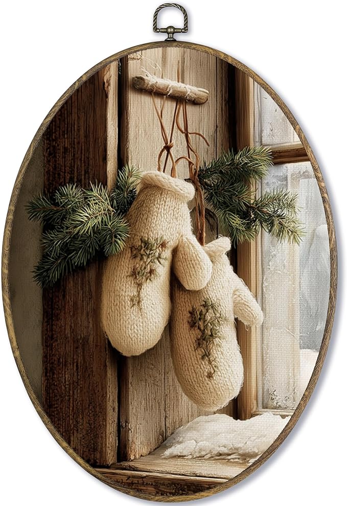 Fewgb Vintage Rustic Winter Christmas Mittens Oval Wall Art Decor 9x12 - skull wall art