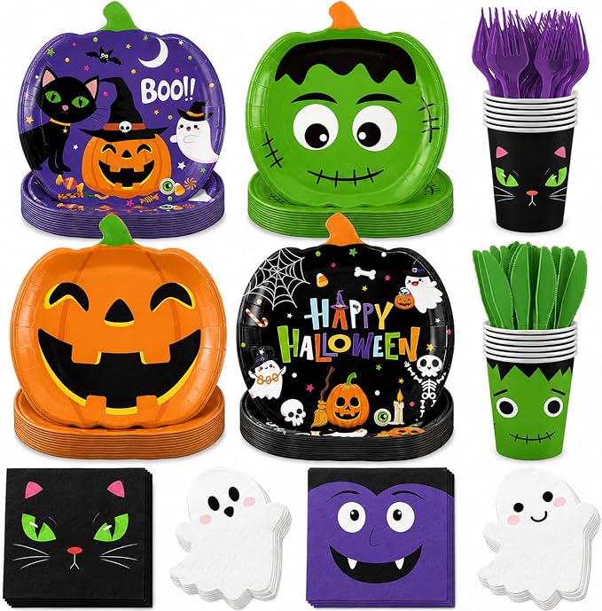 168 Pcs Halloween Party Decorations Pumpkin Shaped Paper Plates Disposable Halloween Plates Napkins Cups for Birthday Table Party Favor Supplies - skull plate