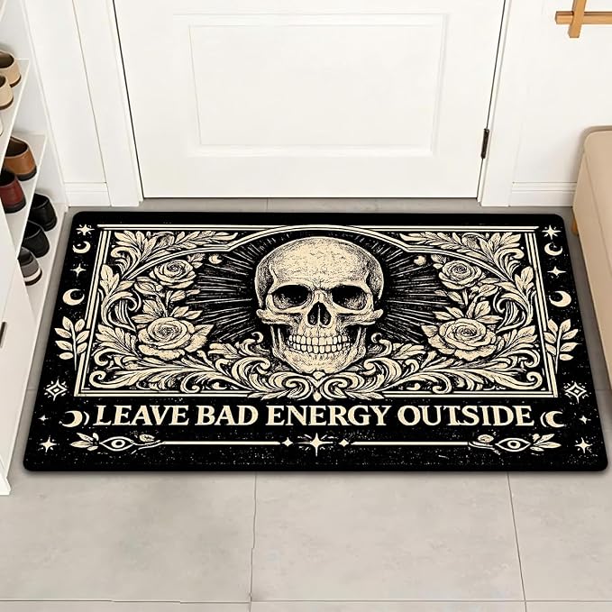 Funny Welcome Doormat Indoor Entrance Way Low Profile Non-Slip Rubber Backing Mat for Front Door Decorative Rug for Patio and Porch 18″ x 30″ (Gothic Skull Leave Bad Energy Outside)