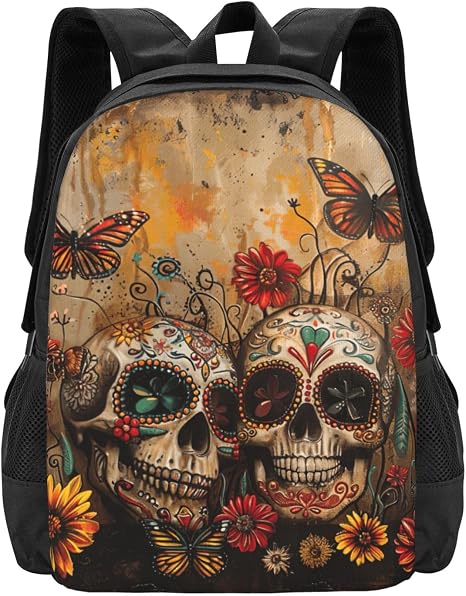 Large Capacity Sugar Skulls Butterfly Print Backpack For Men Women - skull backpack
