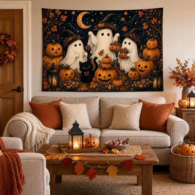 Vazrynthx Halloween Tapestry Wall Hanging, Cute Ghost Black Cat Pumpkin Wall Tapestry for Bedroom Living Room Dorm, Spooky Autumn Indoor Halloween Party Backdrop Decor - skull wall art
