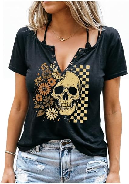 Country Concert Shirts for Women Vintage Graphic Tees Rock Band Shirt Country Western Cowgirl Shirts Casual Summer Tops - skull tshirt