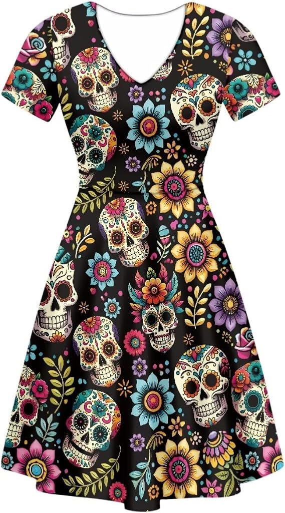 a Line Midi Dress for Women Plus Size Short Sleeve V Neck Fit and Flare Dresses - sugar skull dress