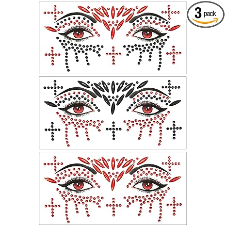 Day of the Dead Face Jewels Self-Adhesive Halloween Face Gems 3 PCS - skull sticker