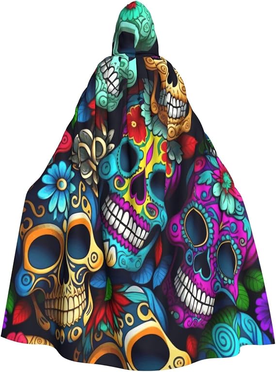 Sugars Skulls Hooded Cloak, Adult Cloak Cape Halloween Cosplay Costumes for Men Women - sugar skull dress