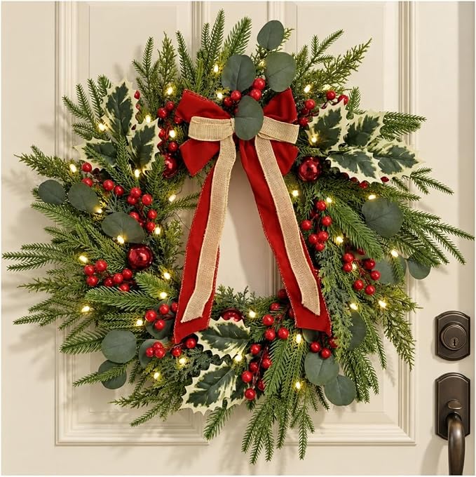 Christmas Wreath with Lights 24", Christmas Wreaths for Front Door, 50 LED - skull wreath