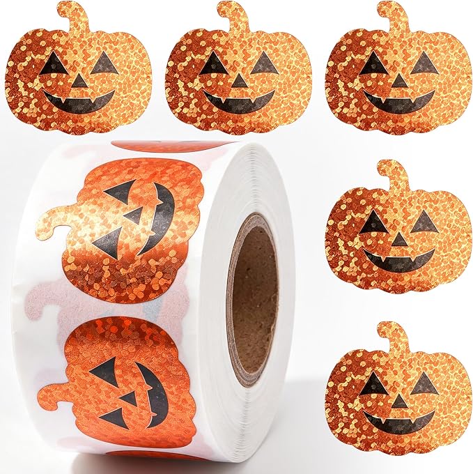 500Pcs Halloween Pumpkin Stickers,1.2 inches Holographic Smiling Pumpkin Shape Waterproof Decals Orange Sparkly Self-Adhesive Pumpkin Face Stickers Roll Halloween Party Envelope Scrapbook Decorations - skull sticker
