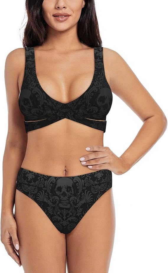 Women's Gothic Wallpaper Skull Print Bikini Set Featuring Crossover Design Detachable Soft Wire-Free Breast Pads - skull swimsuit