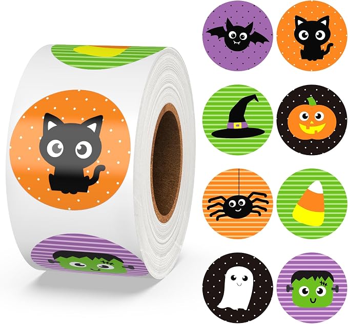 500 PCS Halloween Stickers Roll,Halloween Pumpkin Bat Spider Spiderwebs Black Cat Stickers Roll,8 Vibrant Colors and Designs,Envelope Seals, Round Seal Label Stickers for Halloween Party Decorations - skull sticker