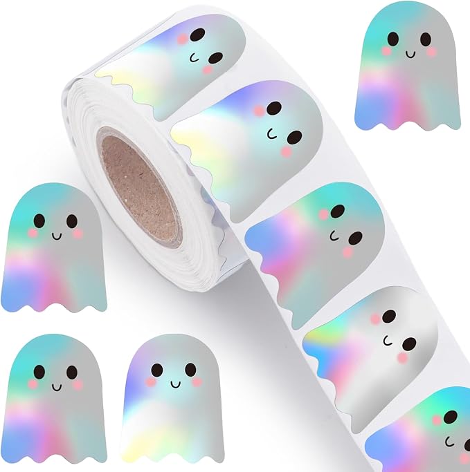 500Pcs Halloween Holographic Ghost Stickers, 1.25 inches Cute Ghost Waterproof Decals Silver Sparkly Self-Adhesive Ghost Stickers Roll for Halloween Party Cup Bottle & Envelope Scrapbook Decorations - skull sticker