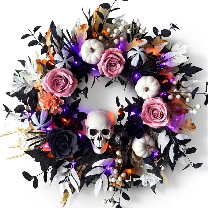 24” Halloween Wreath for Front Door with Lights, Skeleton Skull
