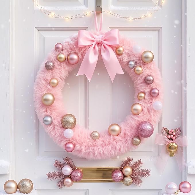 Unittype 18" Pink Christmas Wreath for Front Door with Bow Balls, Furry - skull wreath