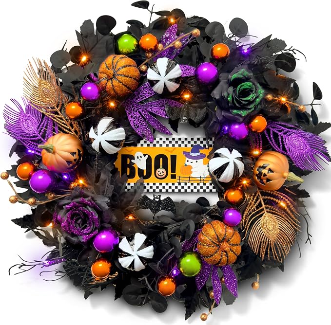 24'' Halloween Wreath for Front Door with Orange Purple Lights - skull wreath